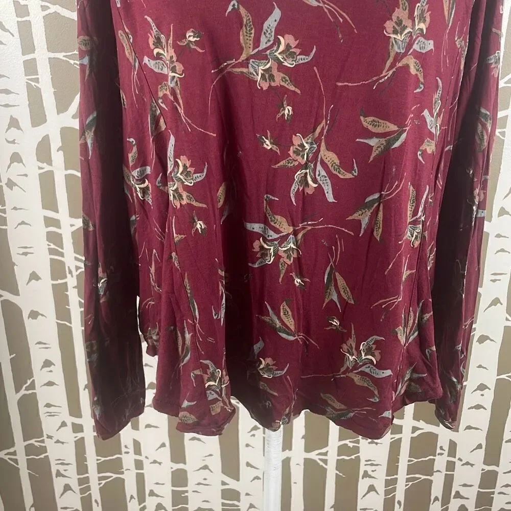 Free People Burgundy Floral Print Open Draped Back Long Sleeve Top S